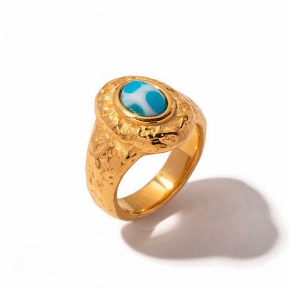 Jewelry - 18K Gold Plated Larimar Stone Ring*Vintage Ring*Hammered Design*Gold Ring *JD